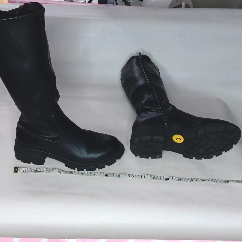 Black Round Toe Chunky Heel Knee High Riding Boots